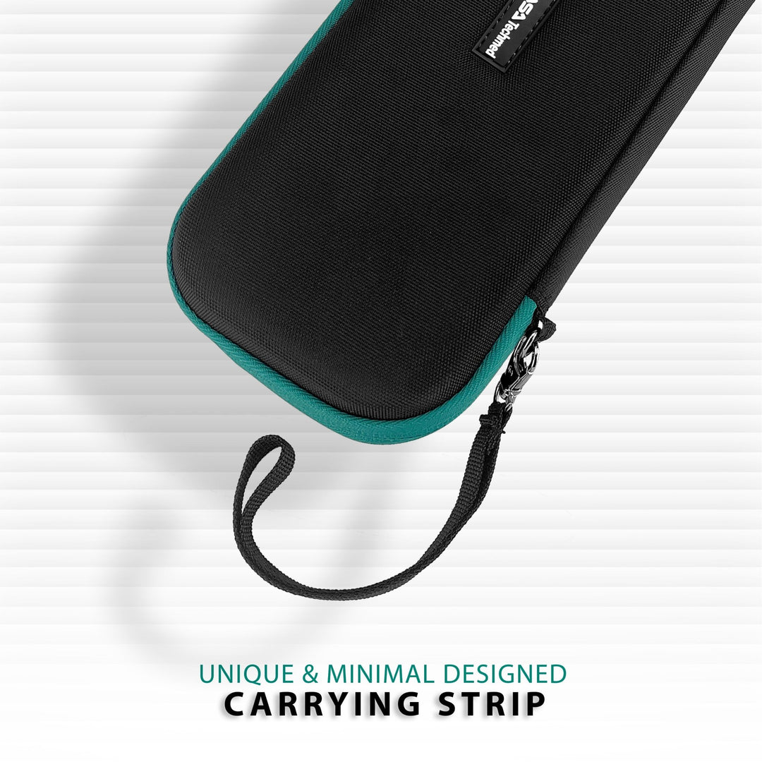 Close-up detail of the minimal carrying strap attached to the bottom of the case, designed for easy portability.
