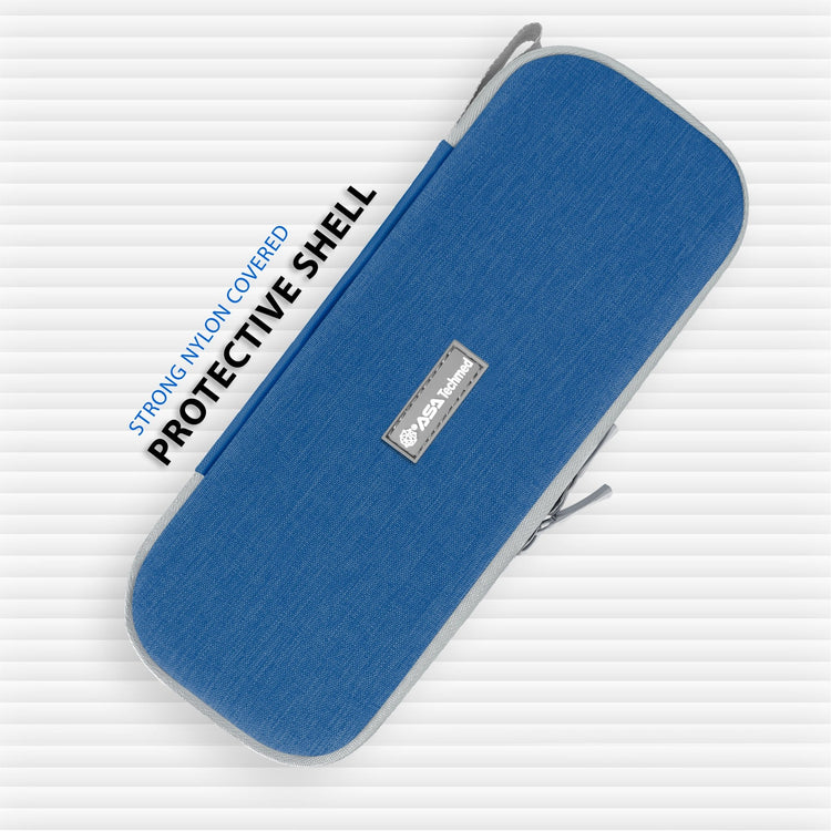 Top-down view of a closed blue nylon stethoscope travel case with gray zipper trim, labeled 'Strong Nylon Covered Protective Shell'.