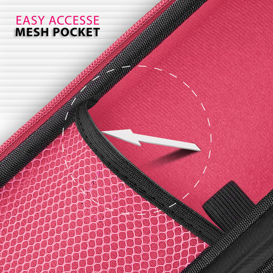 Close-up detail of the interior mesh pocket within a pink stethoscope case, designed for easy access to small medical accessories.