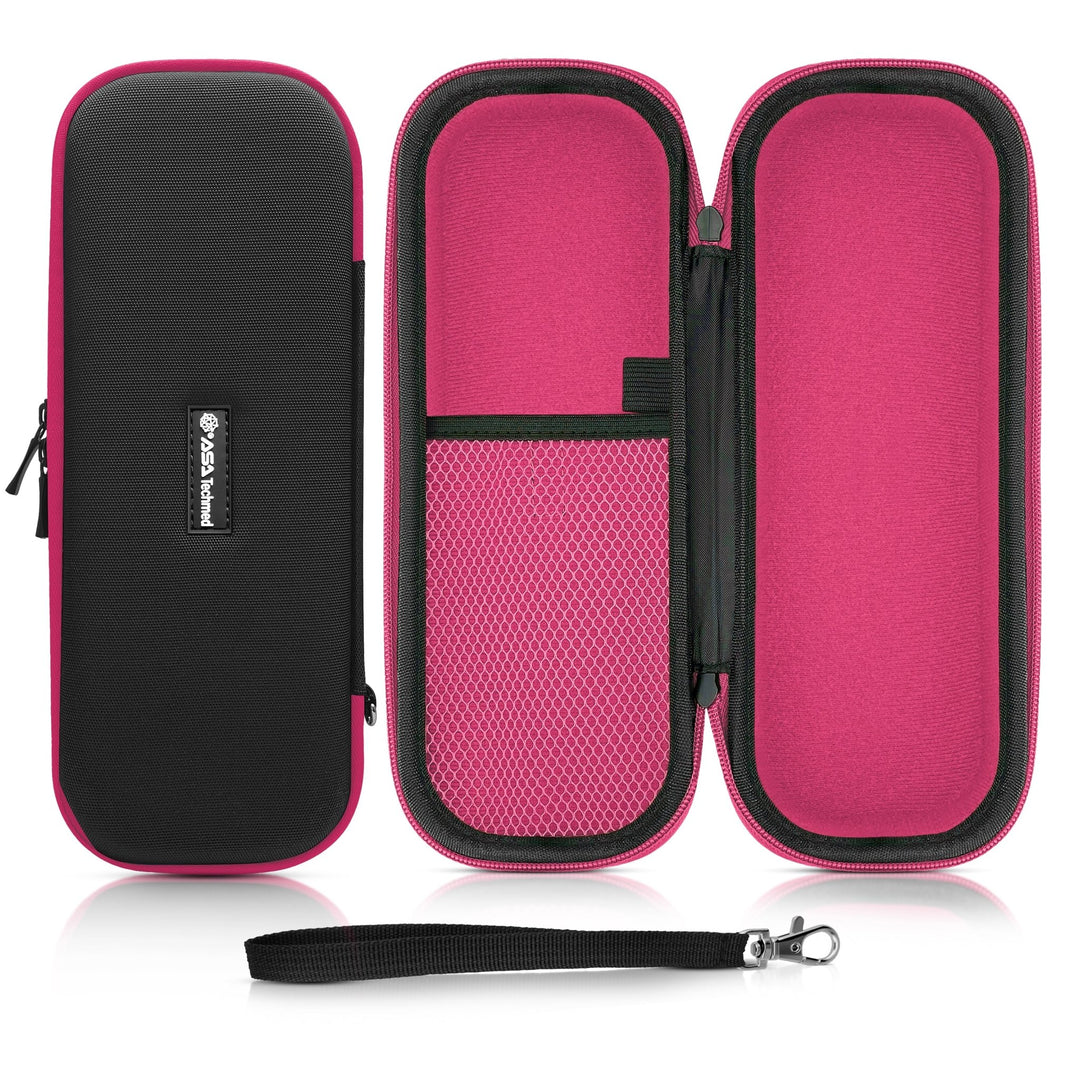 Full view of an open empty medical instrument case with a black exterior and pink interior, displayed with a detachable wrist strap.