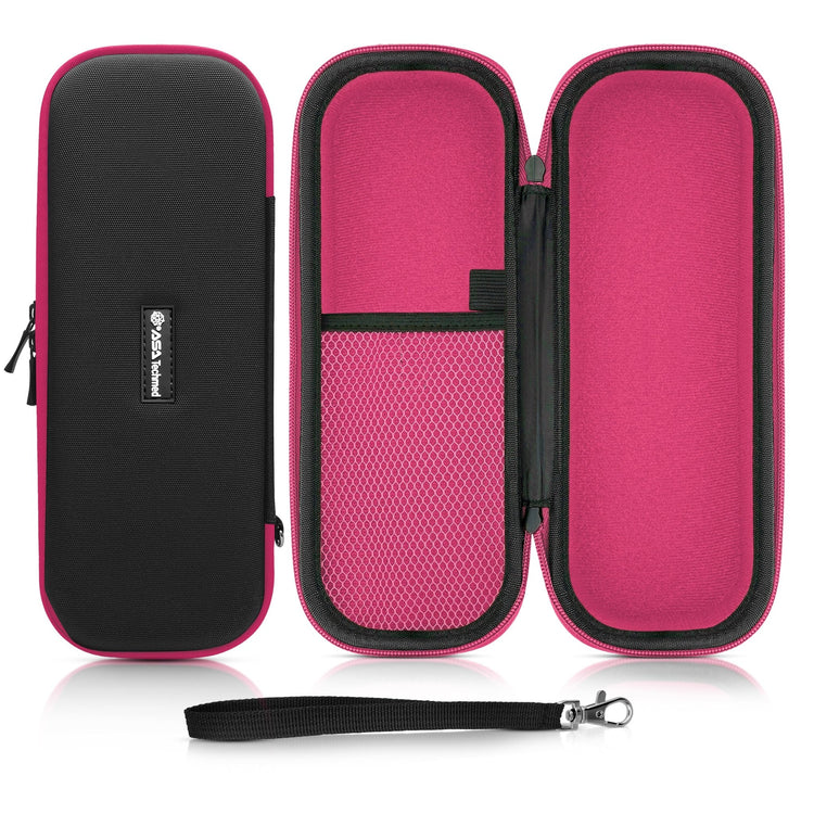 Full view of an open empty medical instrument case with a black exterior and pink interior, displayed with a detachable wrist strap.