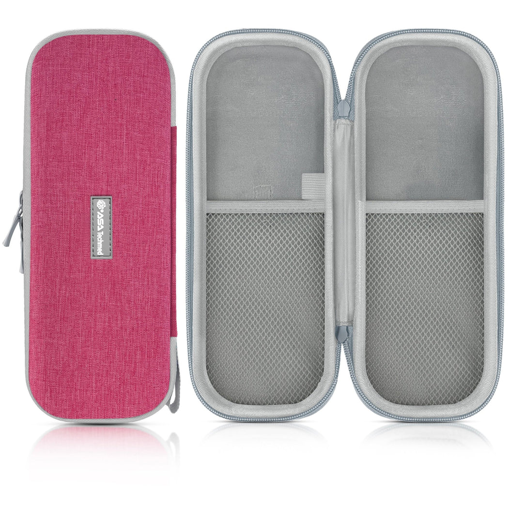 Full view of an open empty medical instrument case with a pink exterior and gray interior, displayed with a detachable wrist strap.