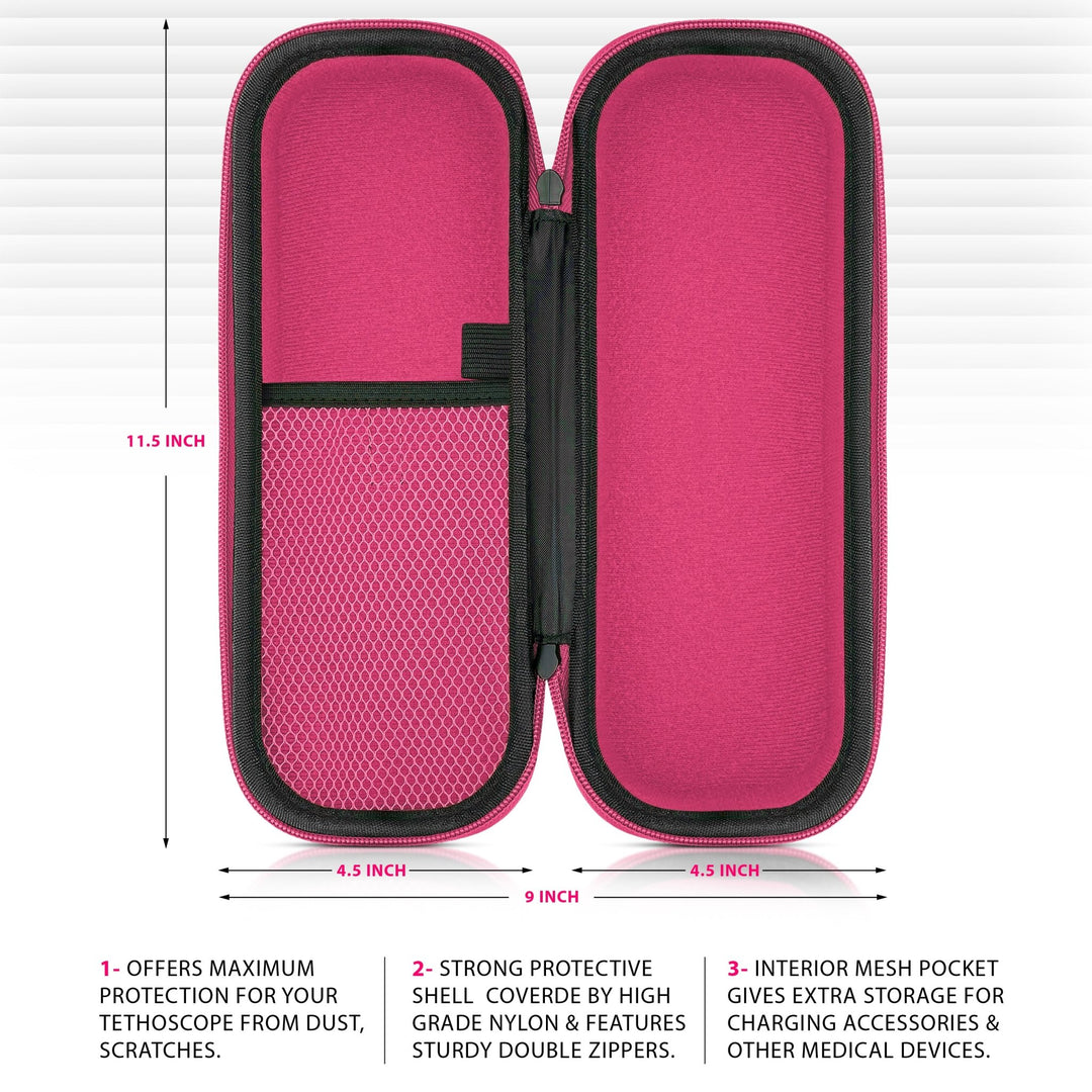 Open view of a pink stethoscope case with dimension labels (11.5 x 4.5 inches) and text highlighting the protective shell and storage capacity.