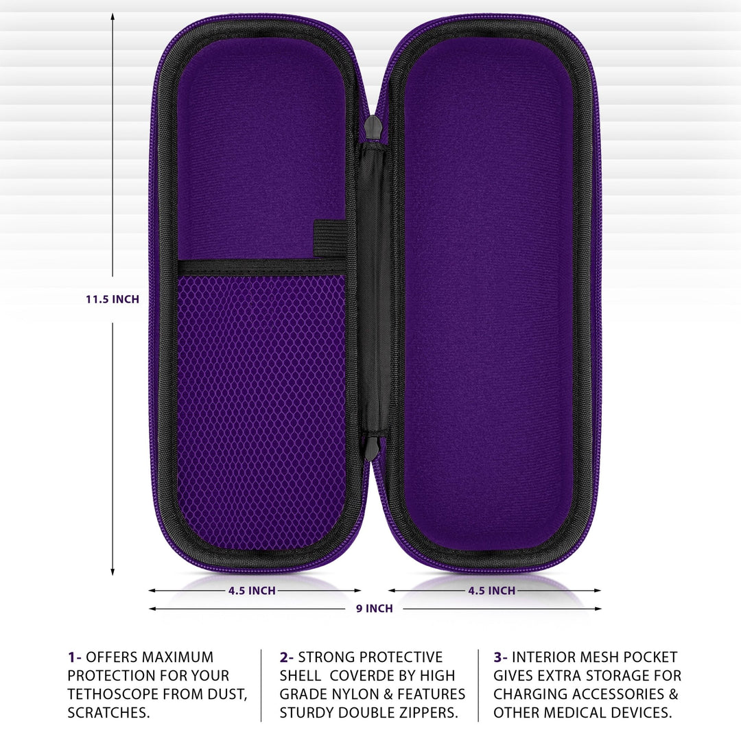 Open view of a purple stethoscope case with dimension labels (11.5 x 4.5 inches) and text highlighting the protective shell and storage capacity.