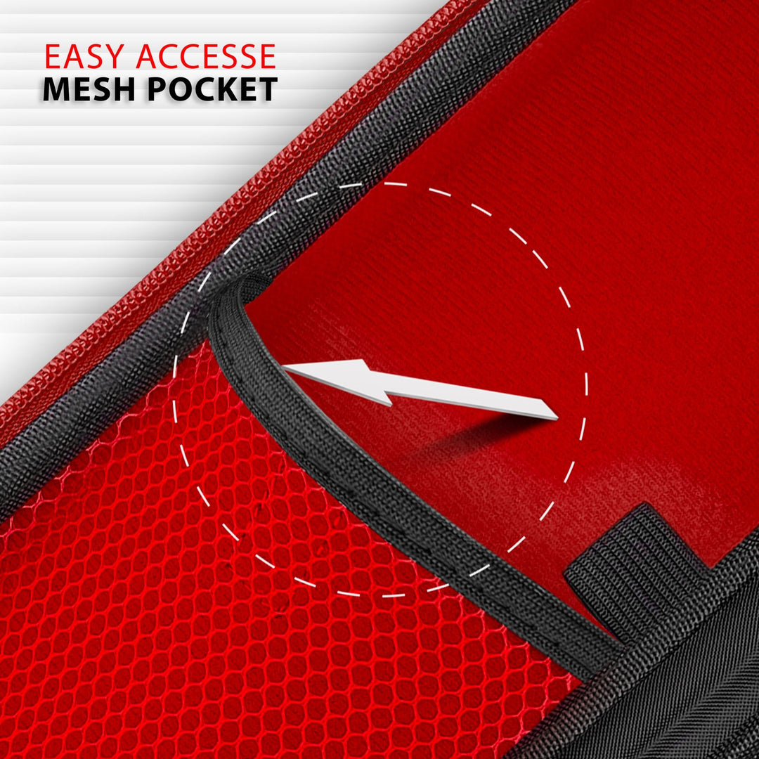 Close-up detail of the interior mesh pocket within a red stethoscope case, designed for easy access to small medical accessories.