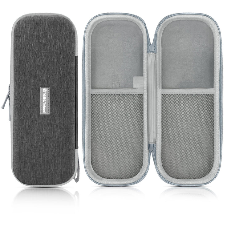 Full view of an open empty medical instrument case with a gray exterior and gray interior, displayed with a detachable wrist strap.