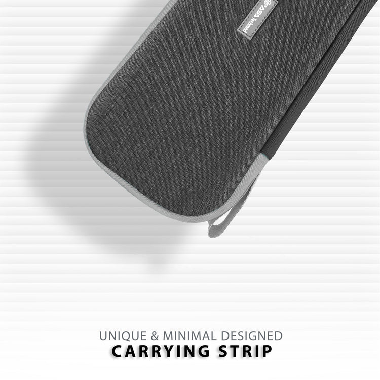Close-up detail of the minimal carrying strap attached to the bottom of the case, designed for easy portability.