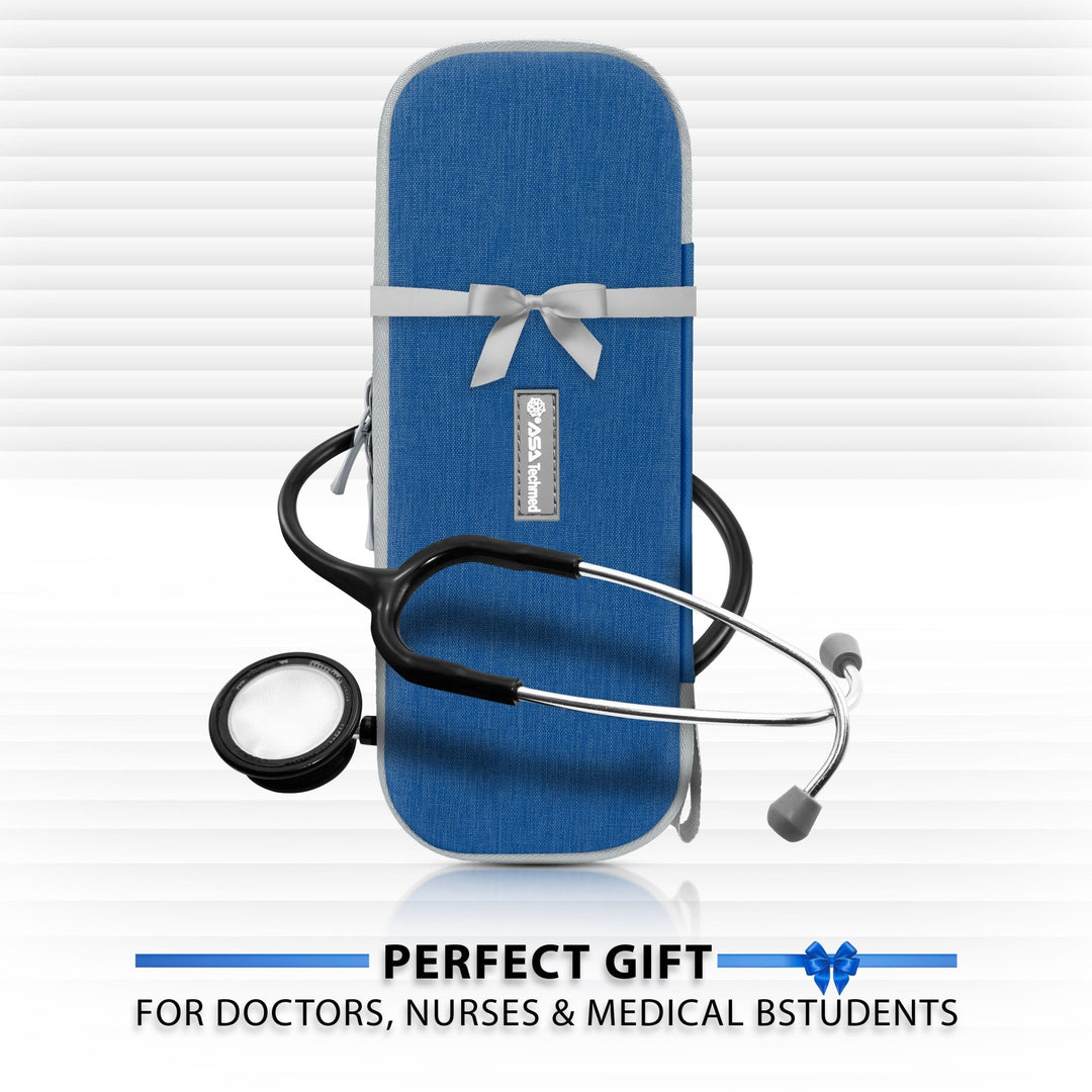 A stethoscope carrying case wrapped in a gray ribbon displayed next to a dual-head stethoscope, marketed as the 'Perfect Gift for Doctors, Nurses & Medical Students'.