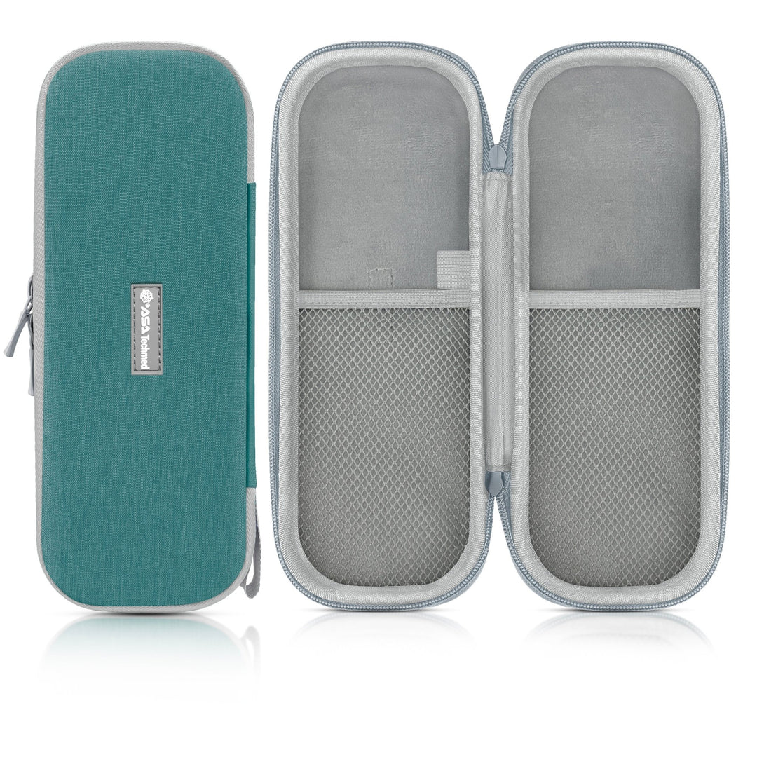 Full view of an open empty medical instrument case with a teal exterior and gray interior, displayed with a detachable wrist strap.