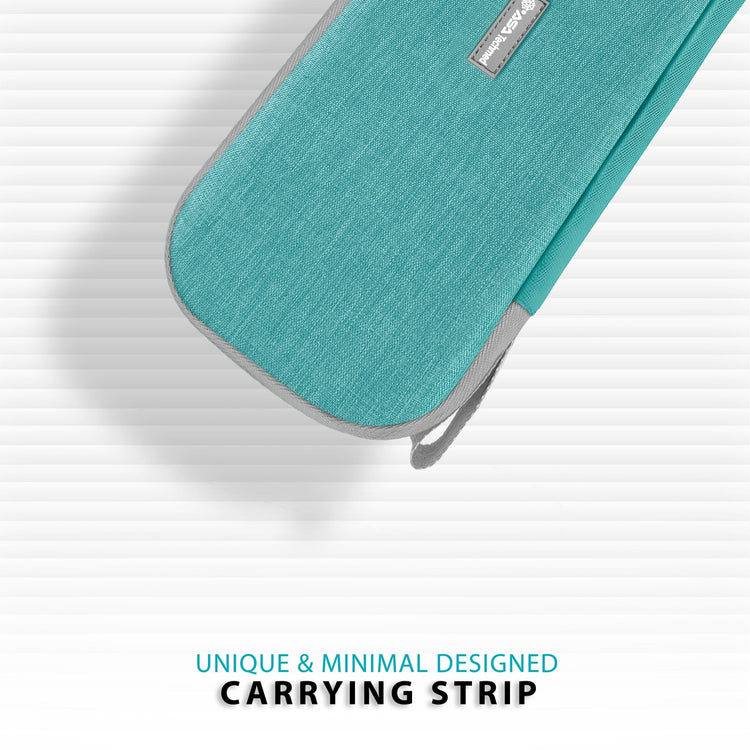 Close-up detail of the minimal carrying strap attached to the bottom of the case, designed for easy portability.