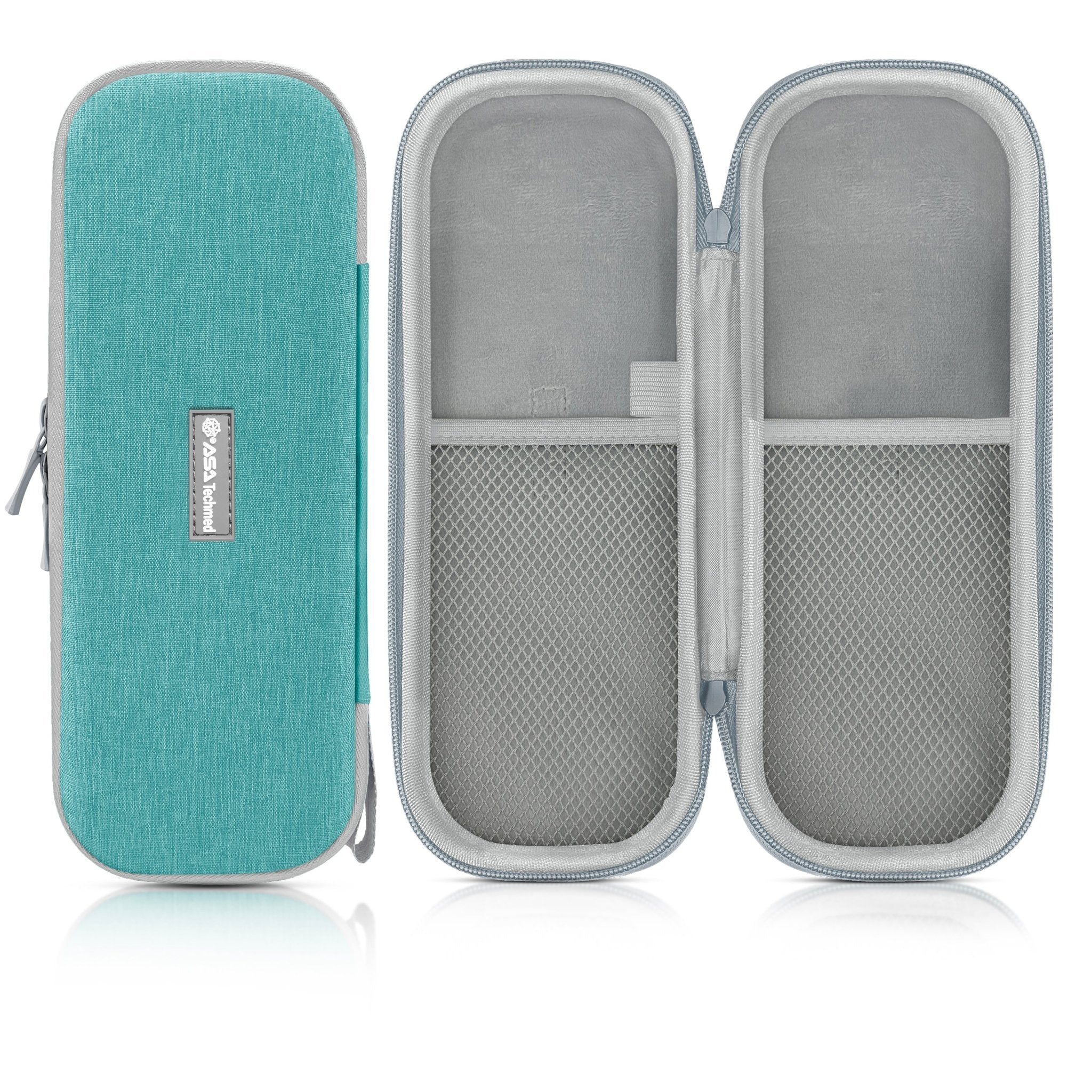 Full view of an open empty medical instrument case with a turquoise exterior and gray interior, displayed with a detachable wrist strap.