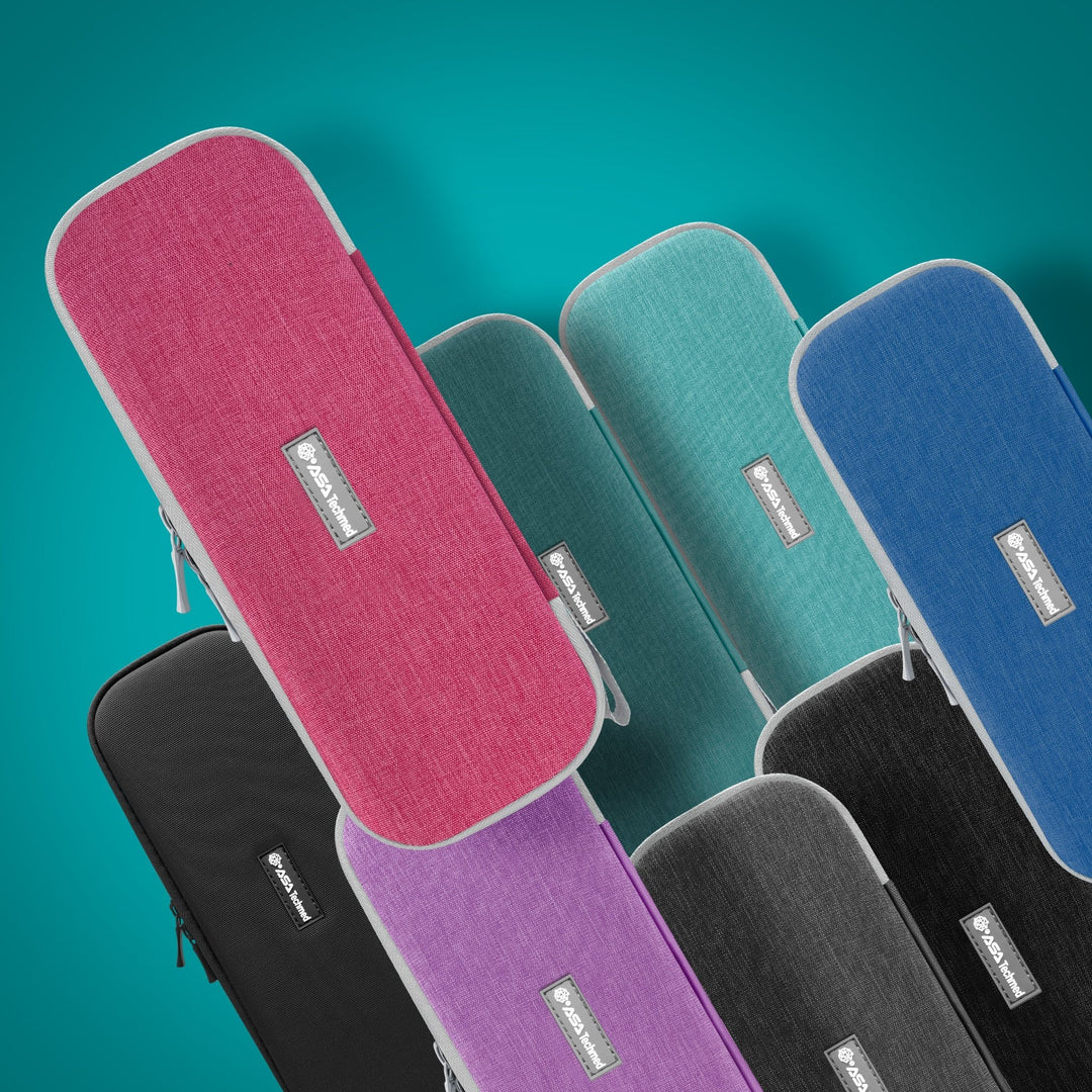 A colorful collection of hard-shell stethoscope carrying cases arranged together, featuring pink, teal, blue, black, purple, and grey options.
