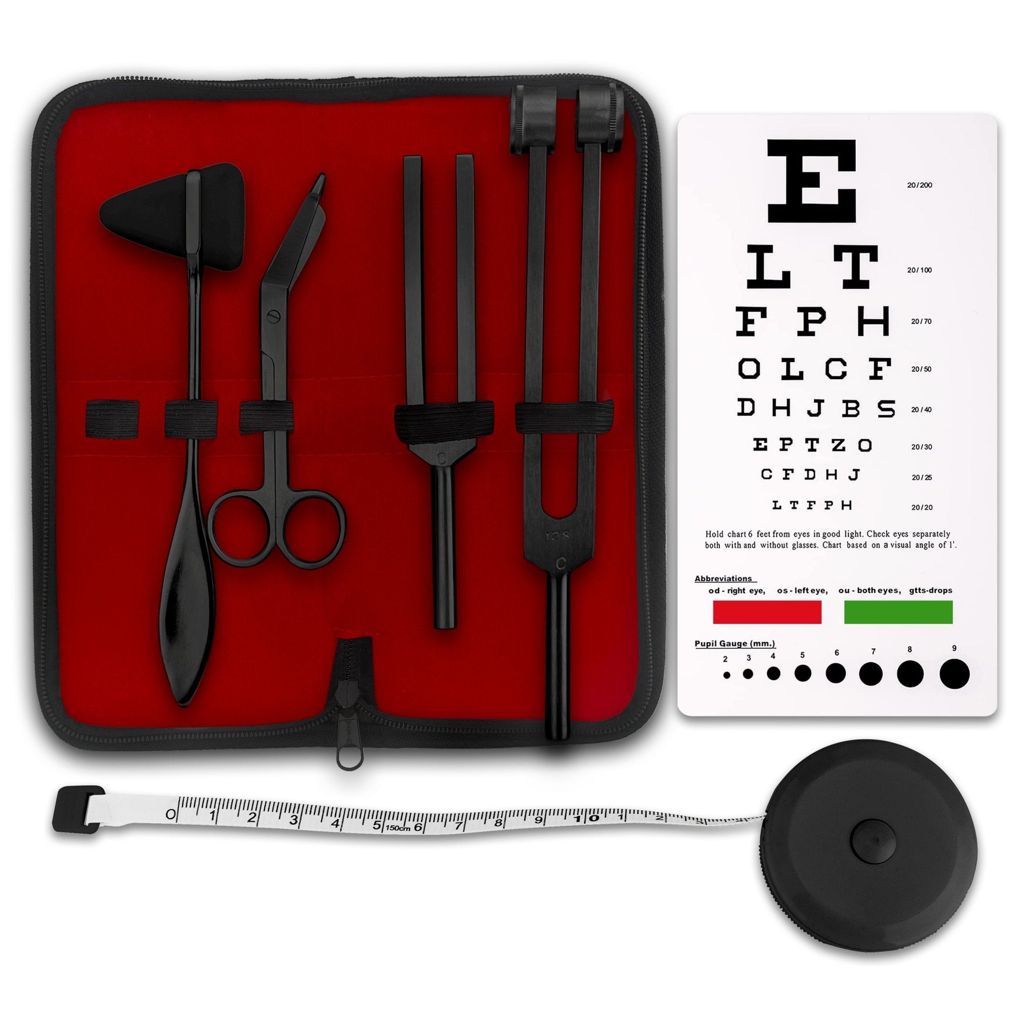 Top-down view of an open black storage case with a red interior, organizing the full diagnostic kit: reflex hammer, scissors, two tuning forks, eye chart, and measuring tape.