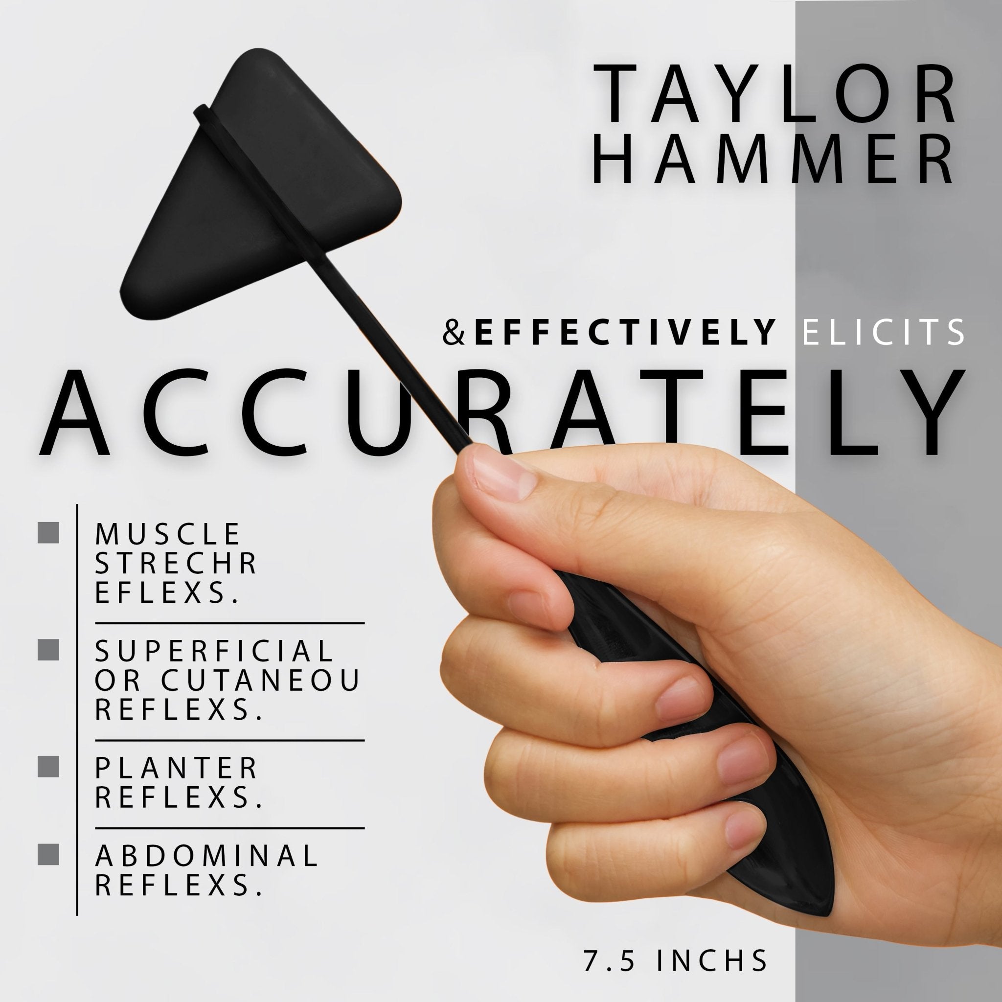 Close-up of a hand holding a black Taylor percussion hammer, with text listing diagnostic uses such as muscle stretch, plantar, and abdominal reflexes.