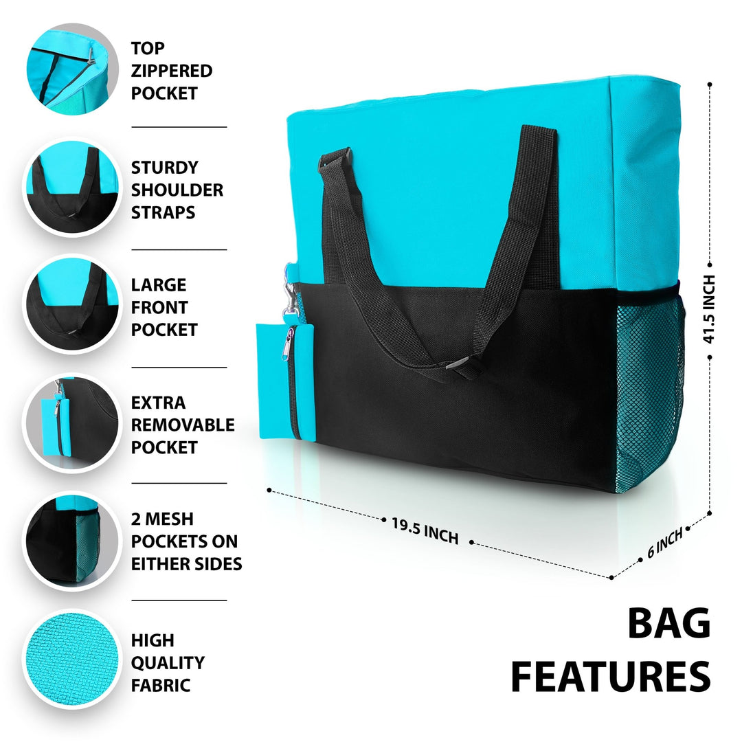 Infographic diagram of the bag labeling key features such as the top zippered pocket, sturdy shoulder straps, large front pocket, and mesh side holders.