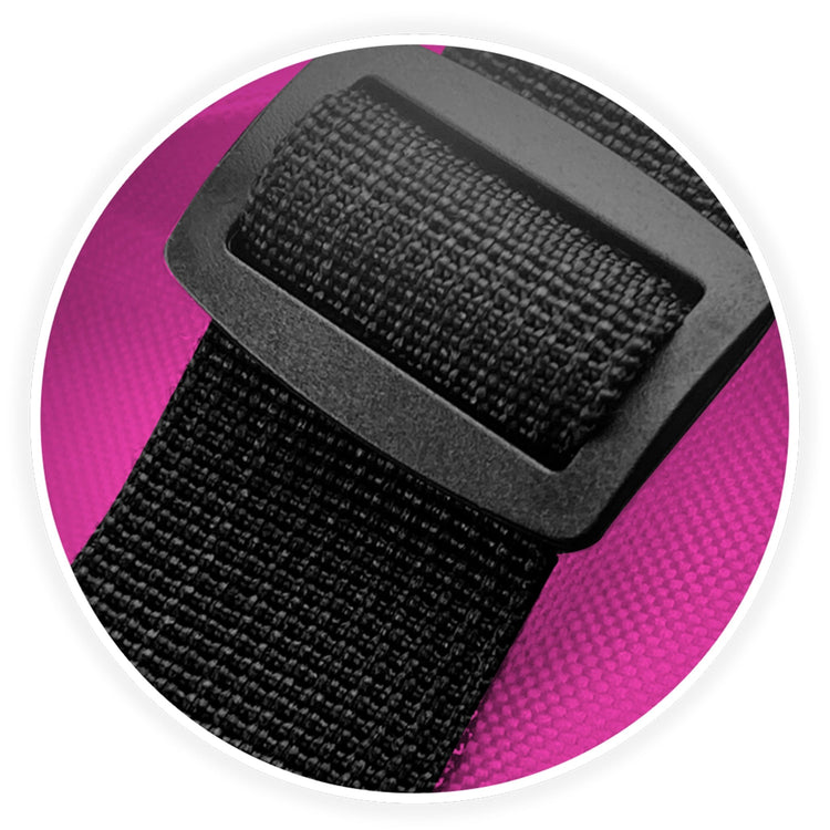 Macro shot of the reinforced plastic rectangular buckle connecting the sturdy black shoulder strap to the tote bag