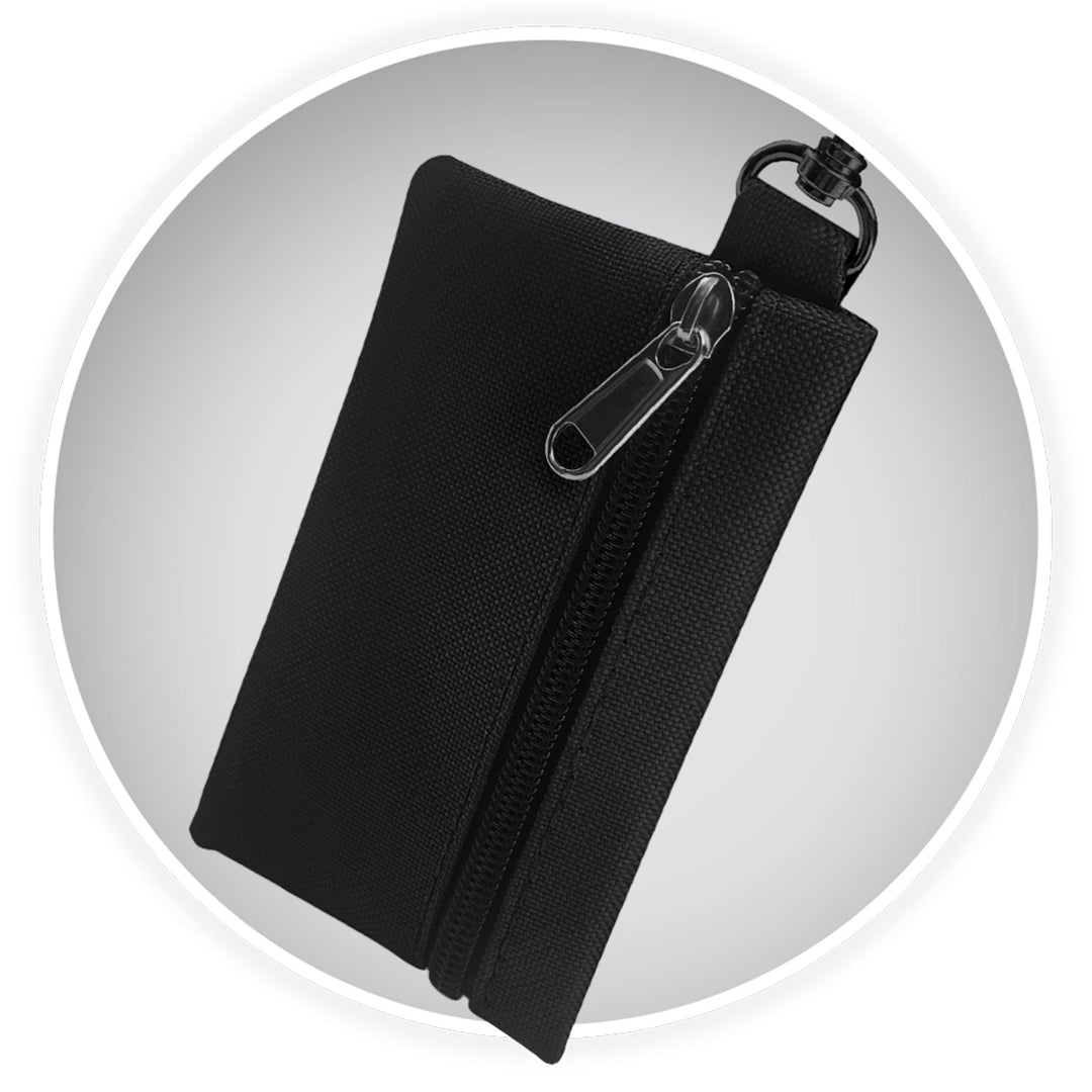 Close-up detail of the removable mini black zippered pouch with a metal clip, designed for storing keys or small essentials.