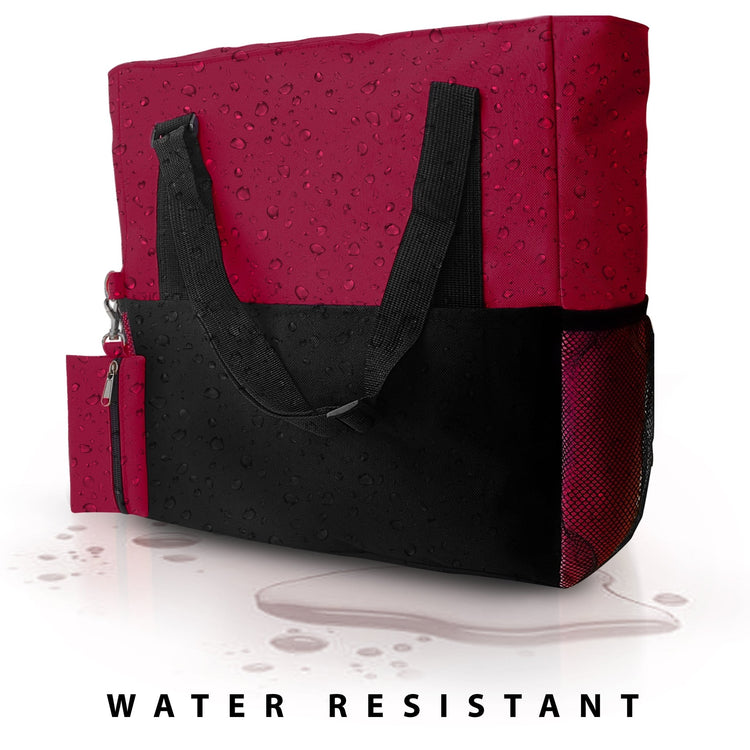 The maroon nursing tote bag covered in water droplets to demonstrate the water-resistant and durable properties of the nylon canvas material.