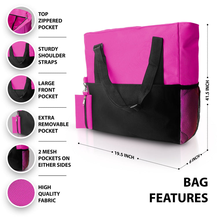 Infographic diagram of the bag labeling key features such as the top zippered pocket, sturdy shoulder straps, large front pocket, and mesh side holders.