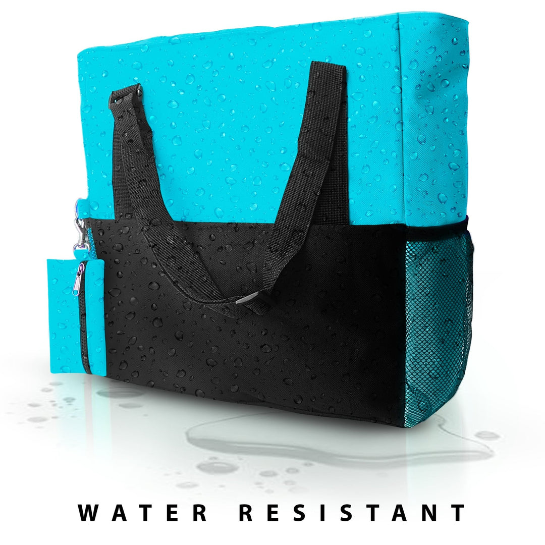 The teal nursing tote bag covered in water droplets to demonstrate the water-resistant and durable properties of the nylon canvas material.