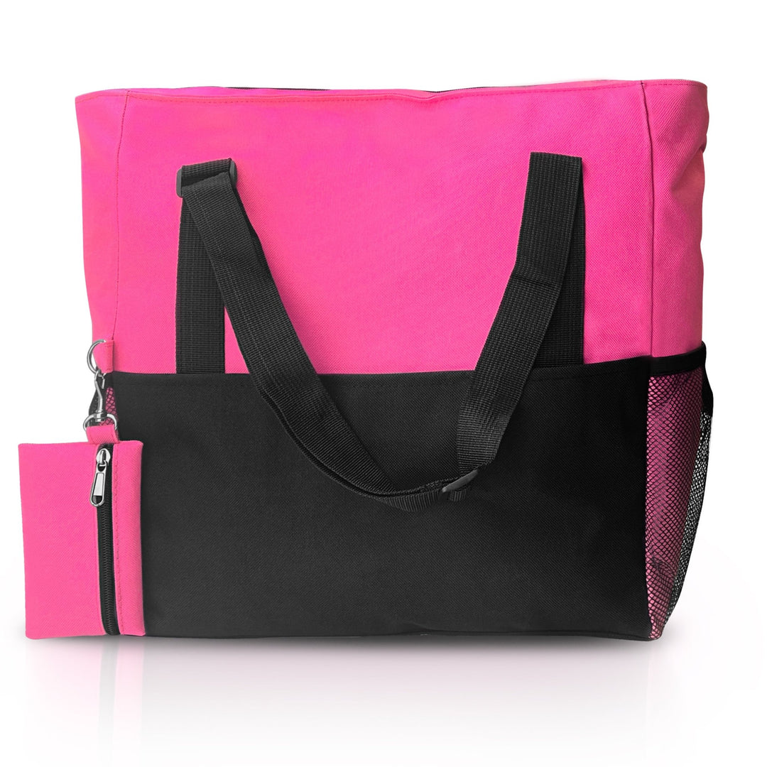 Front view of the pink and black water-resistant utility tote bag featuring a mesh side pocket and a matching mini zippered pouch.
