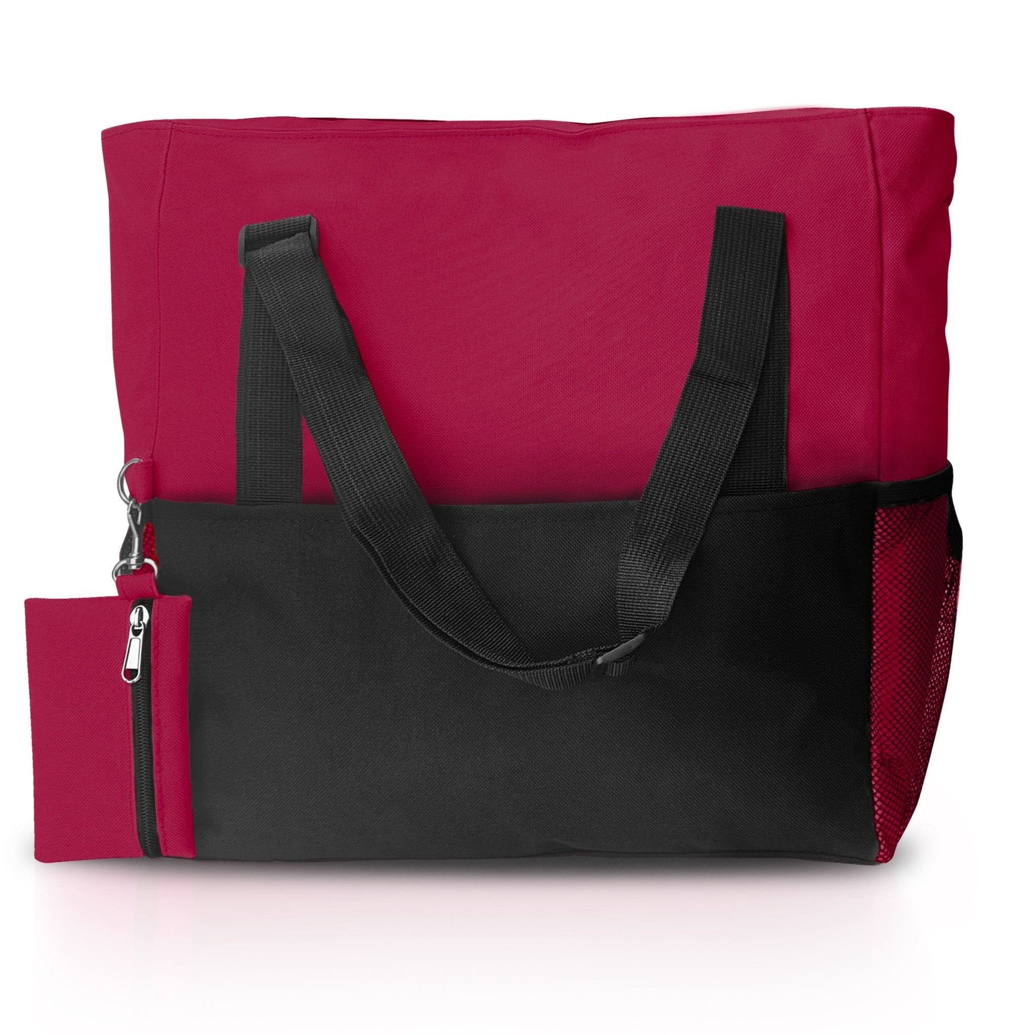 Front view of the maroon and black water-resistant utility tote bag featuring a mesh side pocket and a matching mini zippered pouch.