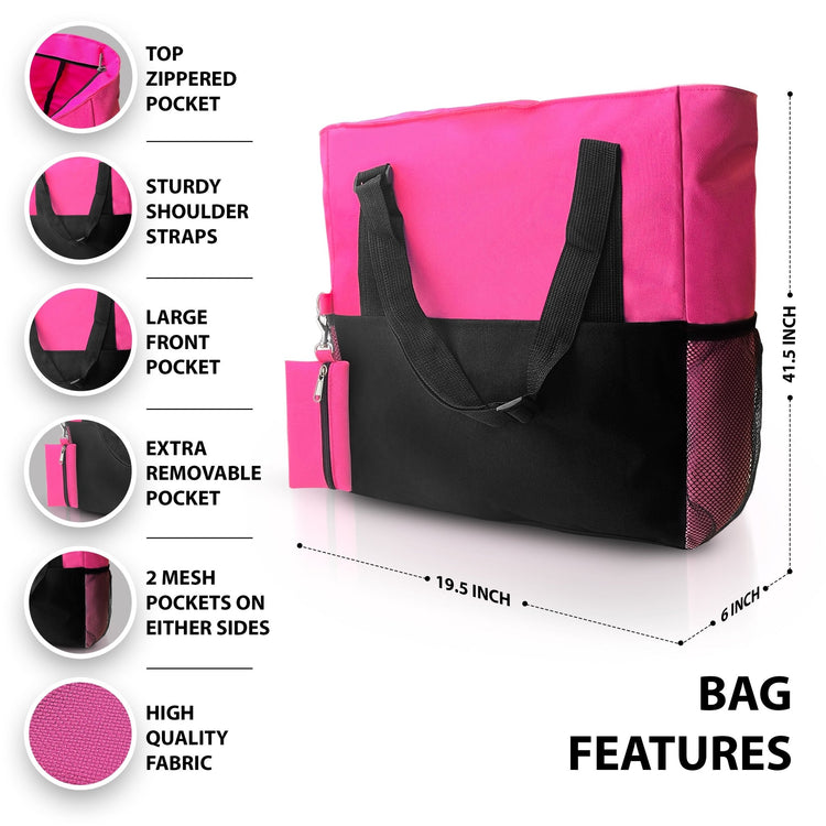 Infographic diagram of the bag labeling key features such as the top zippered pocket, sturdy shoulder straps, large front pocket, and mesh side holders.