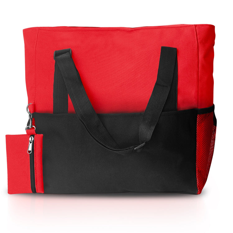 Front view of the red and black water-resistant utility tote bag featuring a mesh side pocket and a matching mini zippered pouch.