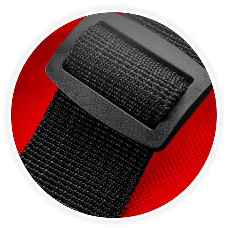 Macro shot of the reinforced plastic rectangular buckle connecting the sturdy black shoulder strap to the tote bag