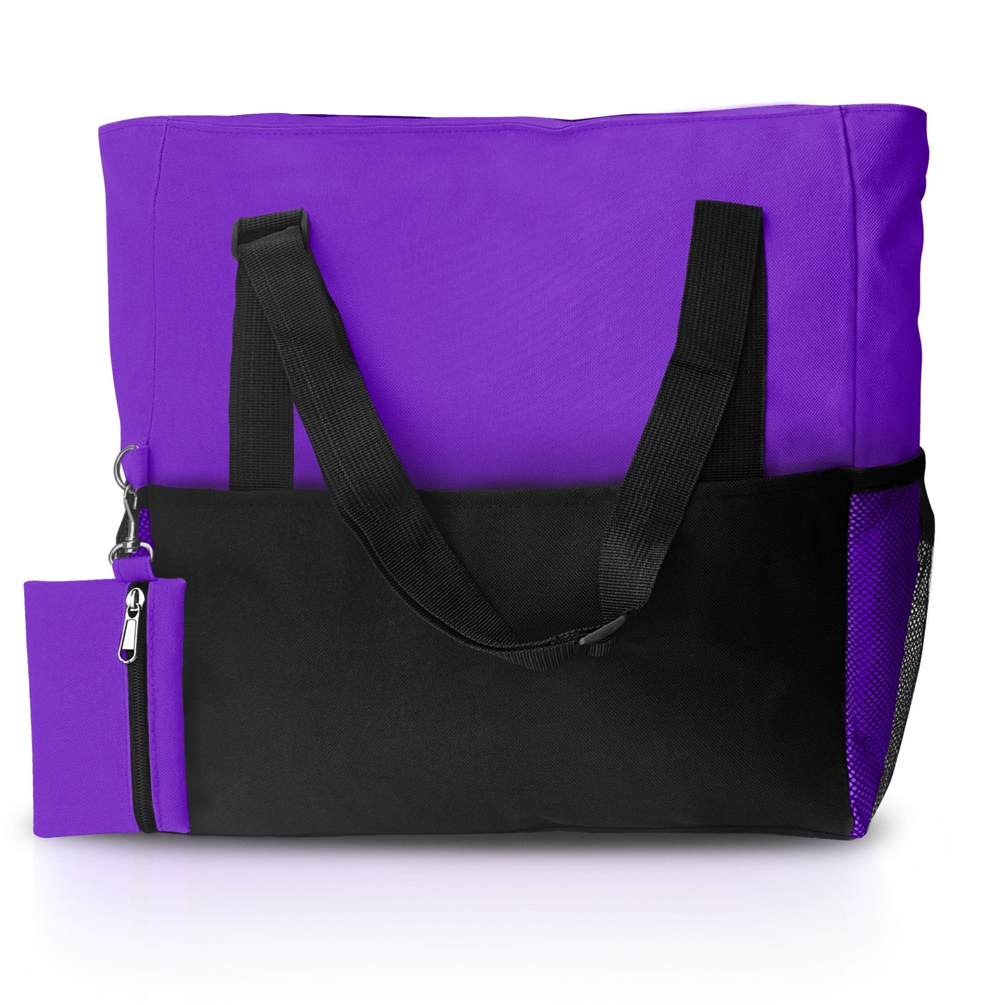 Front view of the purple and black water-resistant utility tote bag featuring a mesh side pocket and a matching mini zippered pouch.