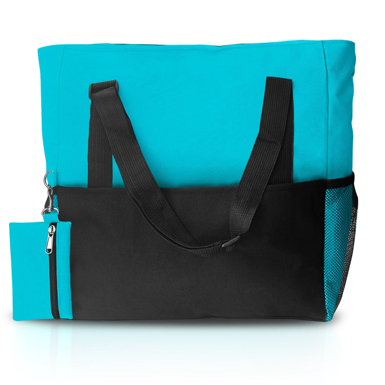 Front view of the teal and black water-resistant utility tote bag featuring a mesh side pocket and a matching mini zippered pouch.