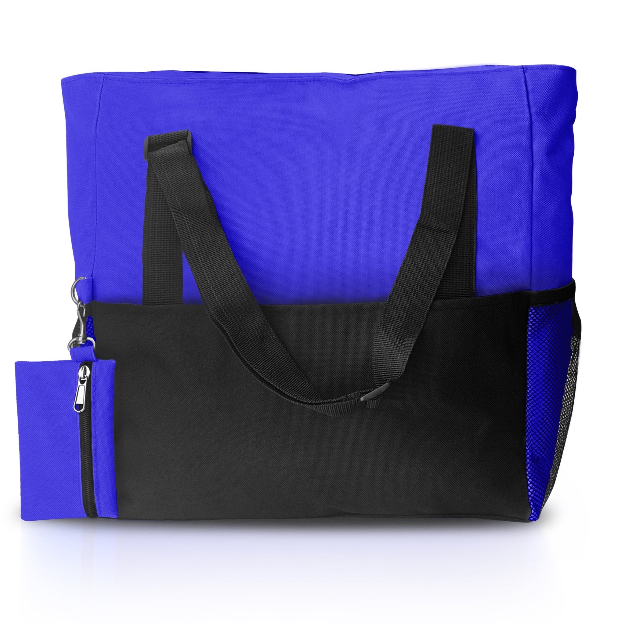 Front view of the blue and black water-resistant utility tote bag featuring a mesh side pocket and a matching mini zippered pouch.