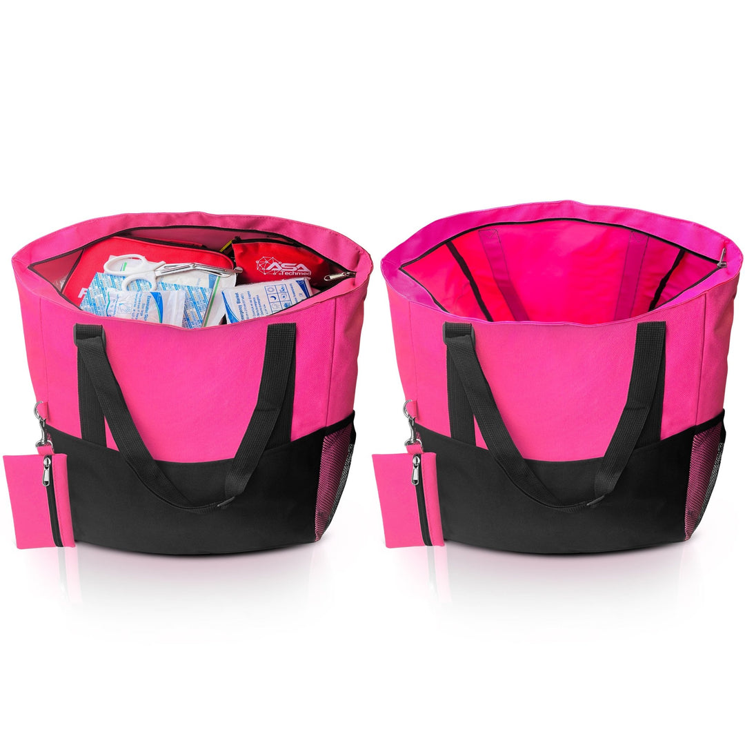 A split view comparison showing the nursing tote bag empty with a spacious interior versus fully packed with medical supplies like gloves and wipes.