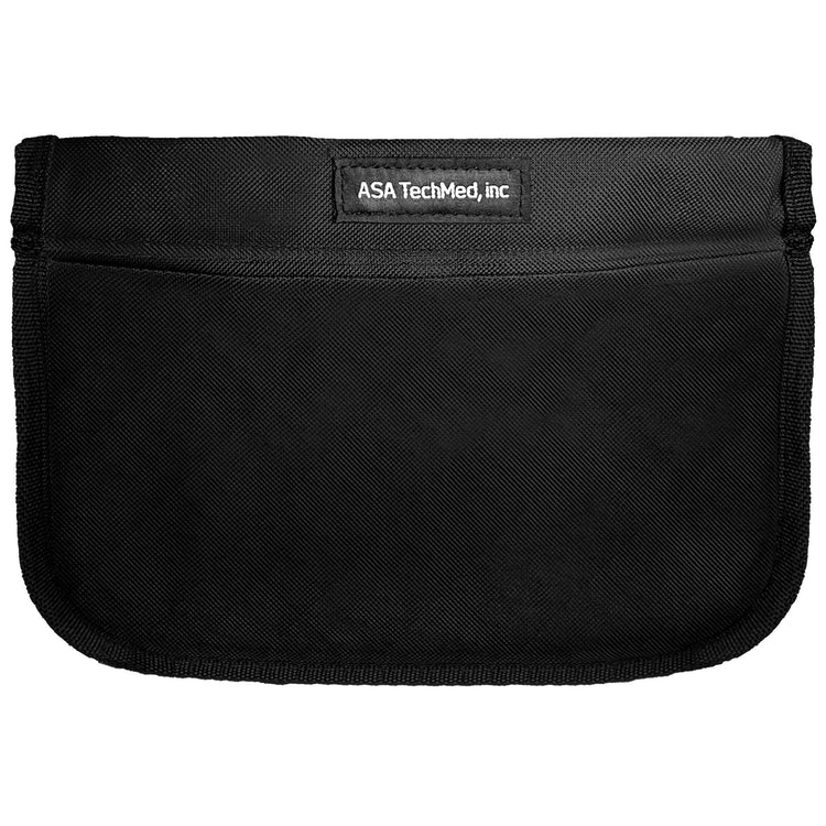 Close-up of the rear slip pocket on the black nurse fanny pack, featuring a woven 'ASA Techmed, inc' brand label.