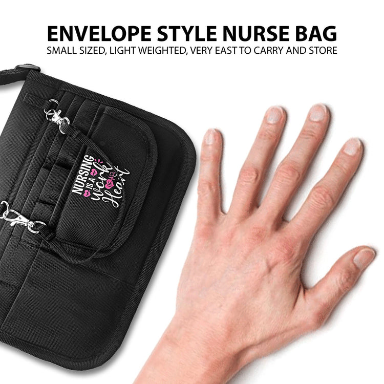 Top-down view of the black envelope-style nurse bag displayed next to a hand to illustrate its compact, lightweight design.