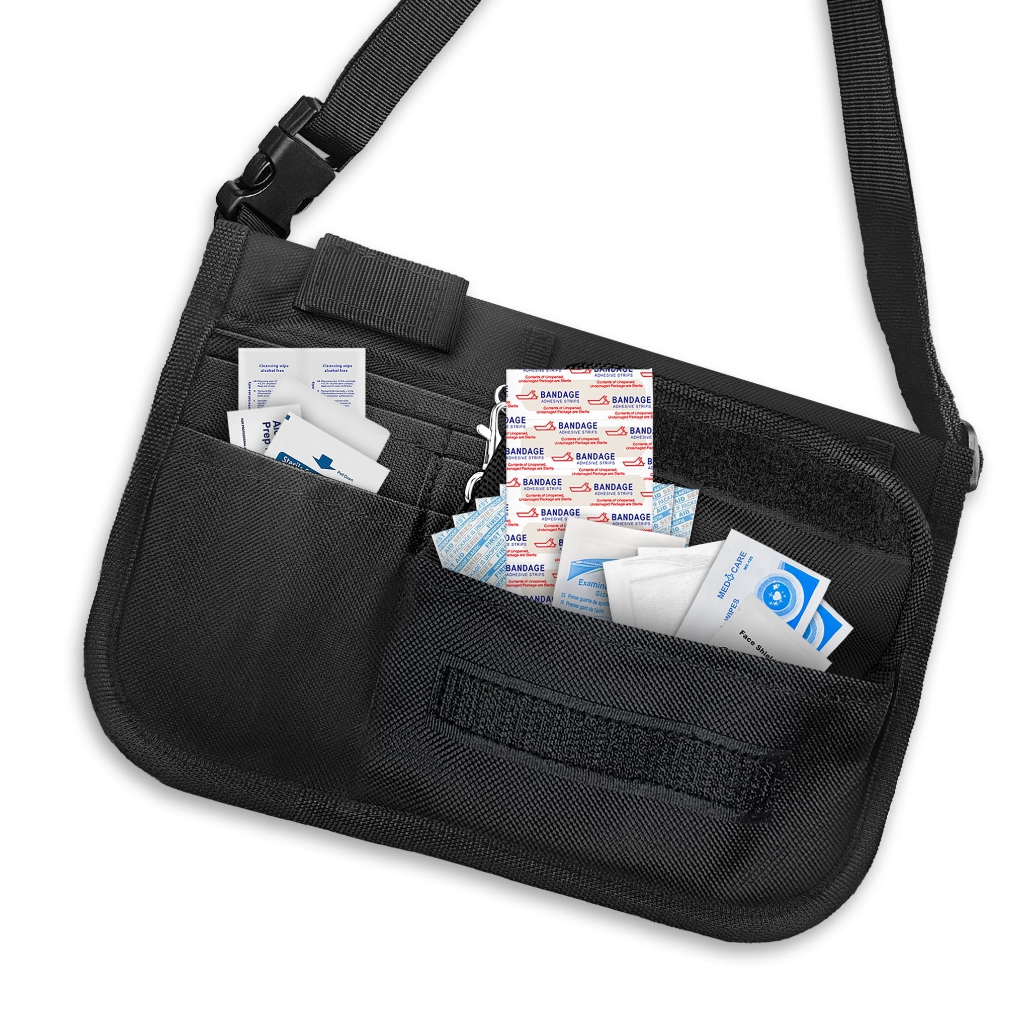 Open view of the black nursing fanny pack filled with clinical supplies like adhesive bandages and alcohol prep pads to demonstrate storage capacity.