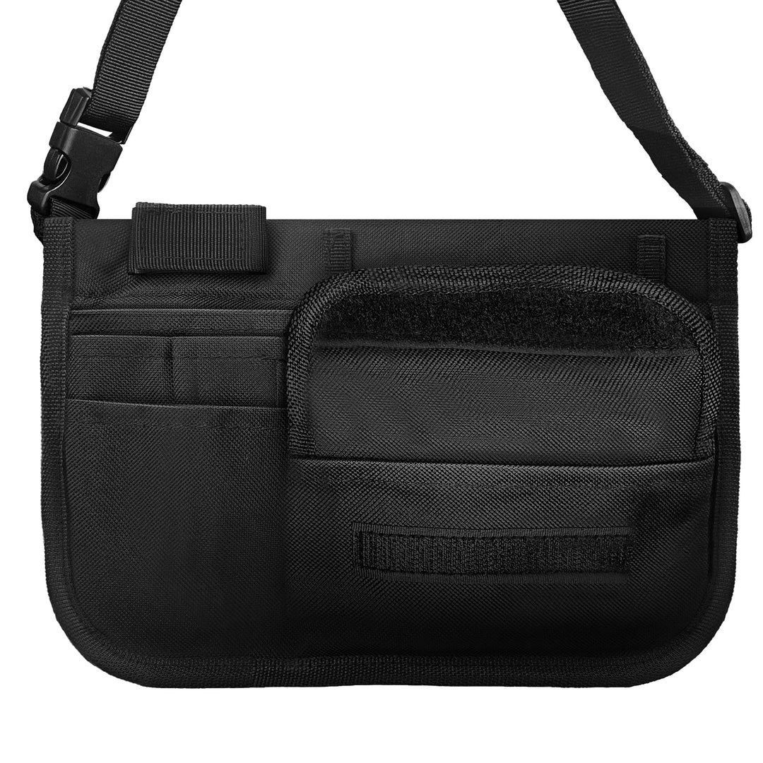 Back view of the black nursing organizer belt showing the adjustable waist strap, heavy-duty quick-release buckle, and extra rear pocket for storage.