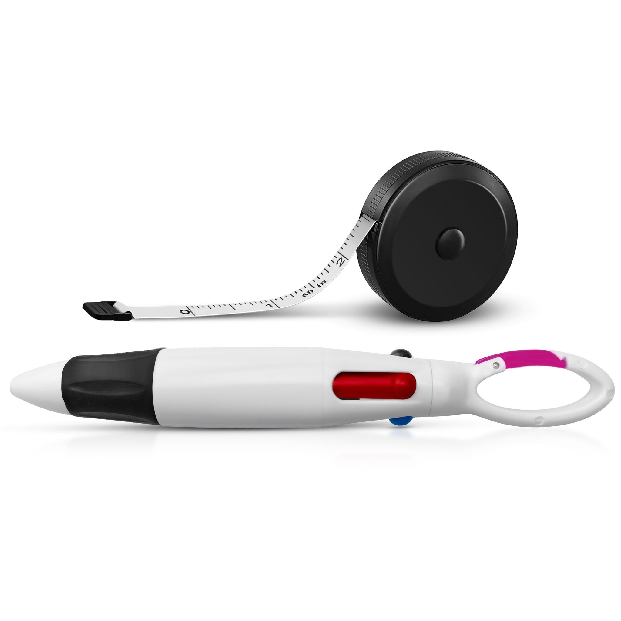 A black 60-inch retractable body measuring tape and a white medical penlight with pupil gauge markings, displayed together on a white background.