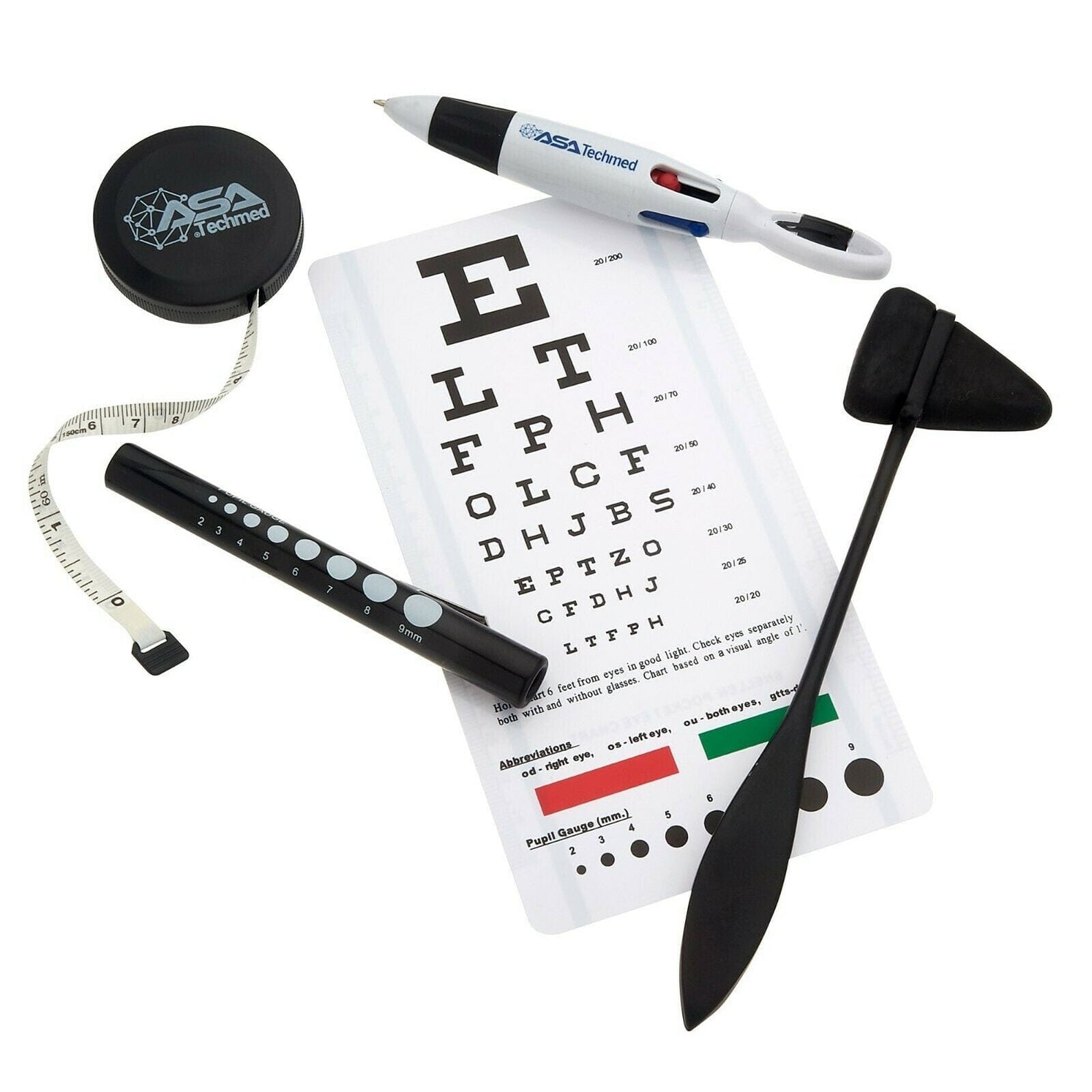 A 5-piece medical diagnostic set laid out on a white background, including a pocket Snellen eye chart, black Taylor reflex hammer, pupil gauge penlight, body measuring tape, and a multi-color pen.