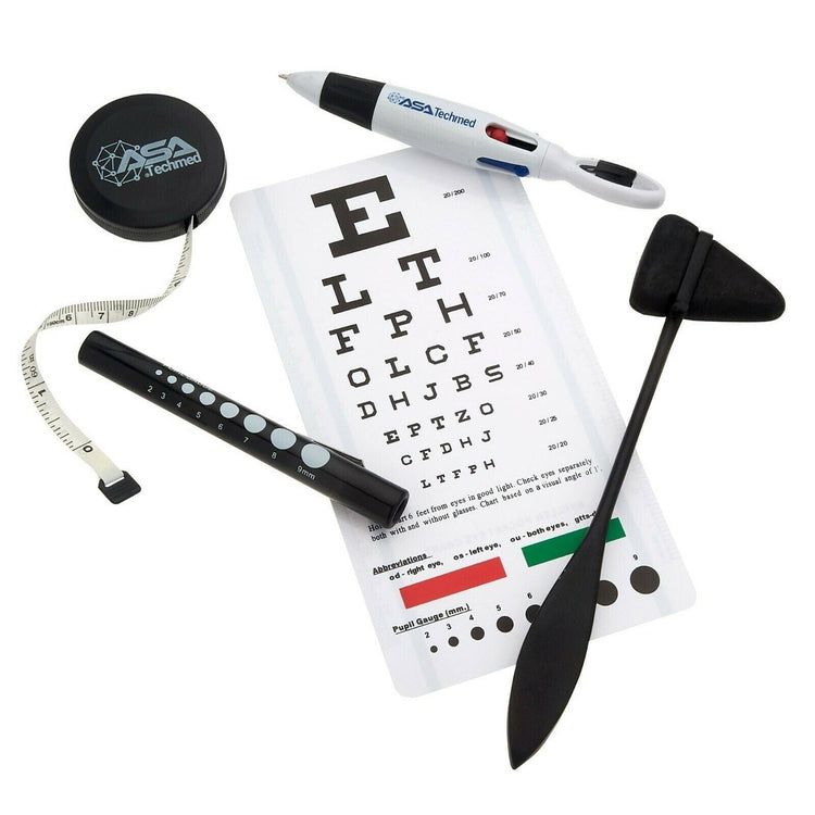 A 5-piece medical diagnostic set laid out on a white background, including a pocket Snellen eye chart, black Taylor reflex hammer, pupil gauge penlight, body measuring tape, and a multi-color pen.