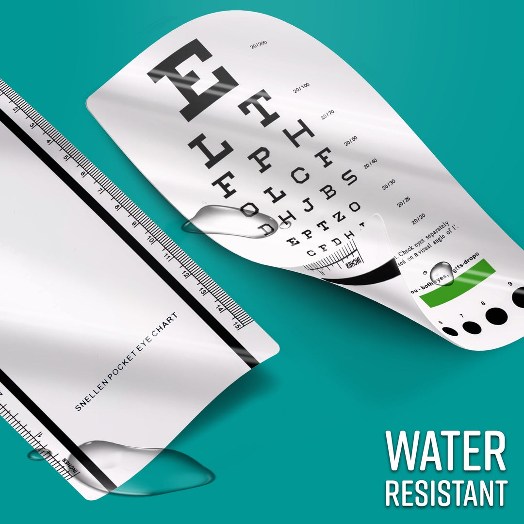 A plastic Snellen pocket eye chart shown with water droplets on its surface to demonstrate its water-resistant and durable design.