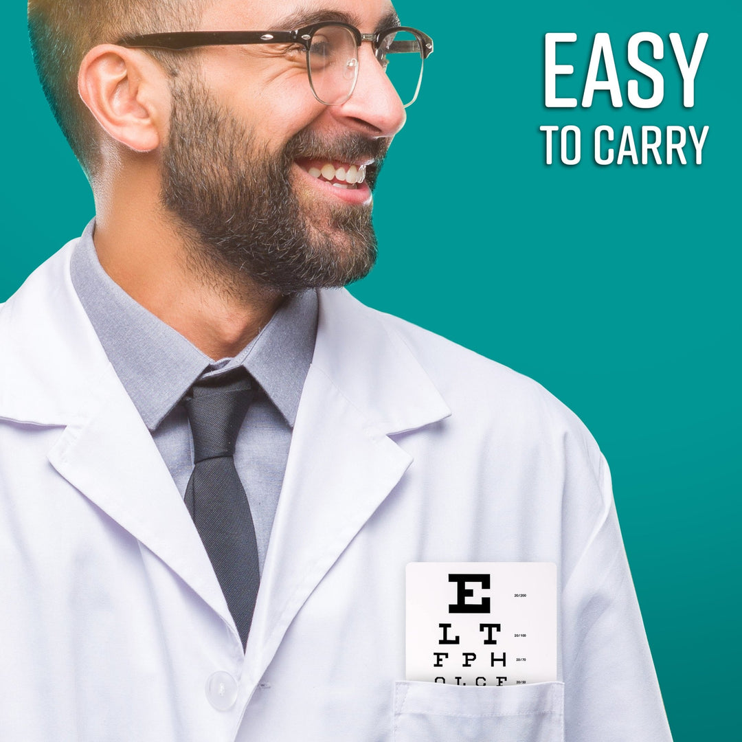 A smiling male doctor in a white coat with a pocket-sized Snellen eye chart tucked into his chest pocket, highlighting the text 'Easy to Carry'.