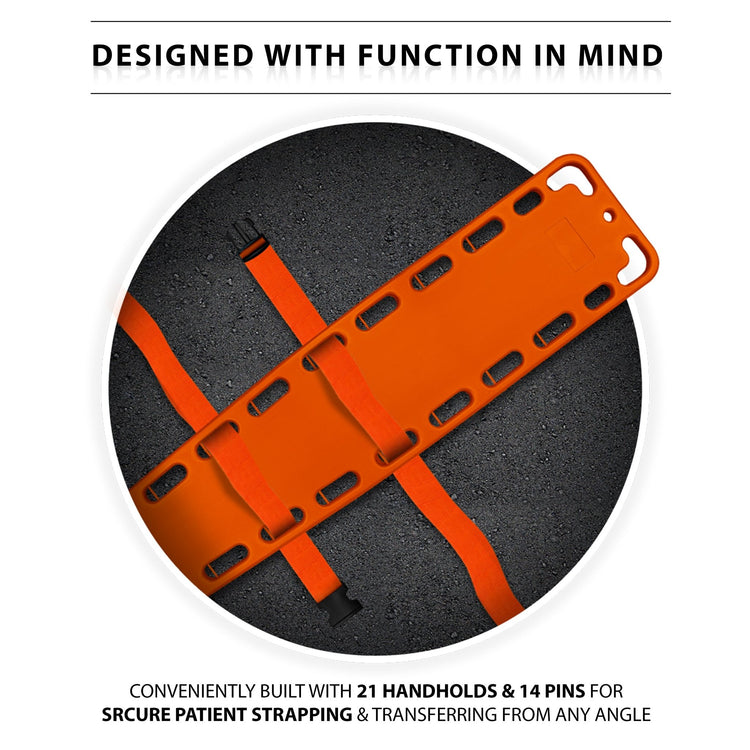 Close-up detail showing how the orange straps thread through the board's 14 pins and 21 handholds for secure patient immobilization.