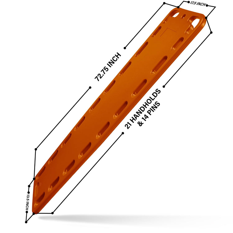 Dimension diagram of the spine board indicating a length of 72.75 inches and width of 17.5 inches, highlighting 21 handholds and 14 pins.