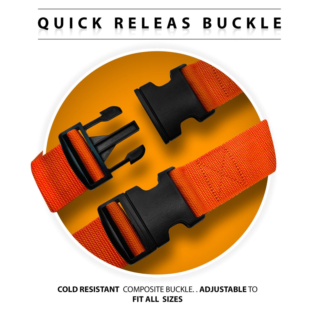 Macro view of the black quick-release composite buckles on the straps, highlighting their adjustable and cold-resistant design.