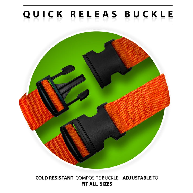 Macro view of the black quick-release composite buckles on the straps, highlighting their adjustable and cold-resistant design.