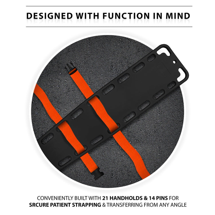 Close-up detail showing how the orange straps thread through the board's 14 pins and 21 handholds for secure patient immobilization.