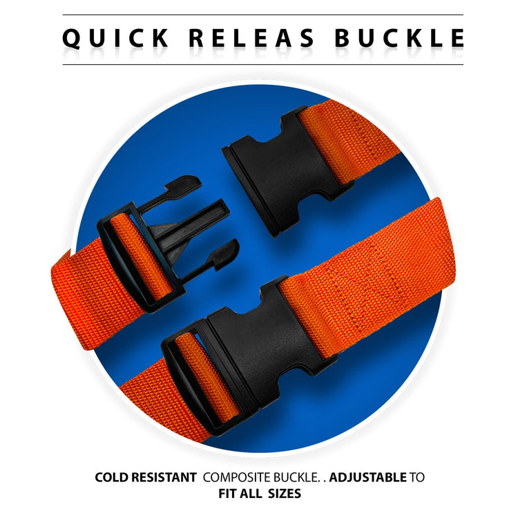 Macro view of the black quick-release composite buckles on the straps, highlighting their adjustable and cold-resistant design.