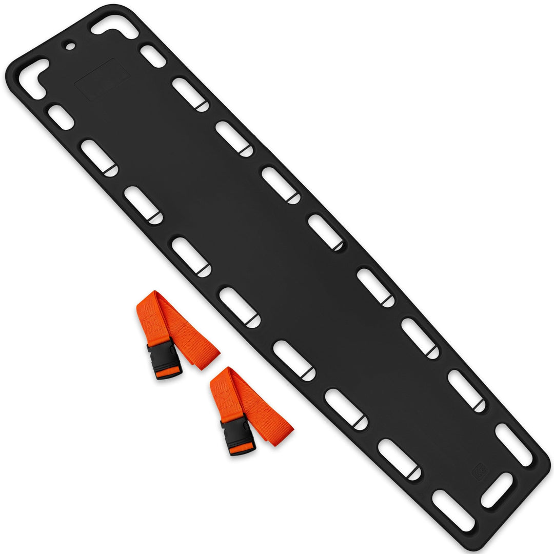 Top-down view of a black emergency spine board displayed diagonally alongside two orange nylon straps with black buckles.