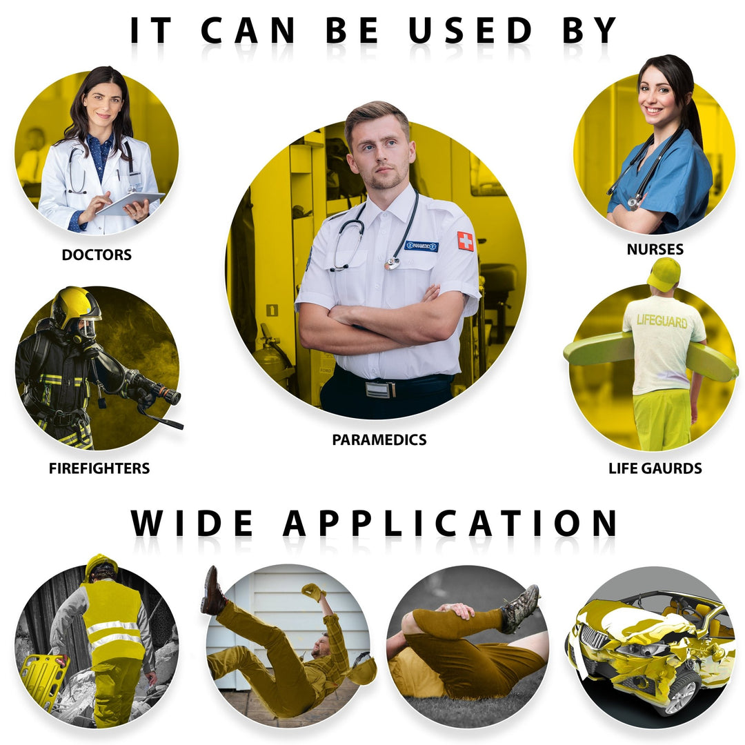 Infographic titled 'It Can Be Used By' displaying target users including doctors, paramedics, nurses, firefighters, and lifeguards in various rescue scenarios.